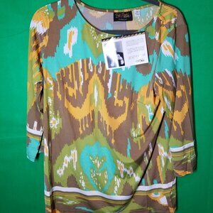 Bob Mackie Wearable Art Multicolor 3/4 Sleeve Blouse Size M, Boho Colorful NWT